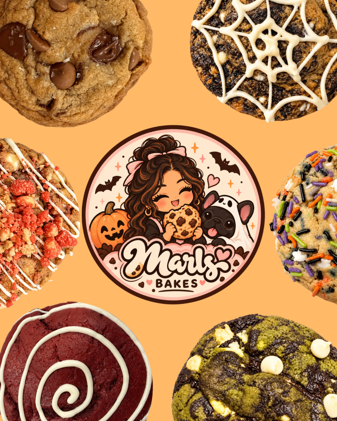 Marls Bakes logo surrounded by six homemade cookies