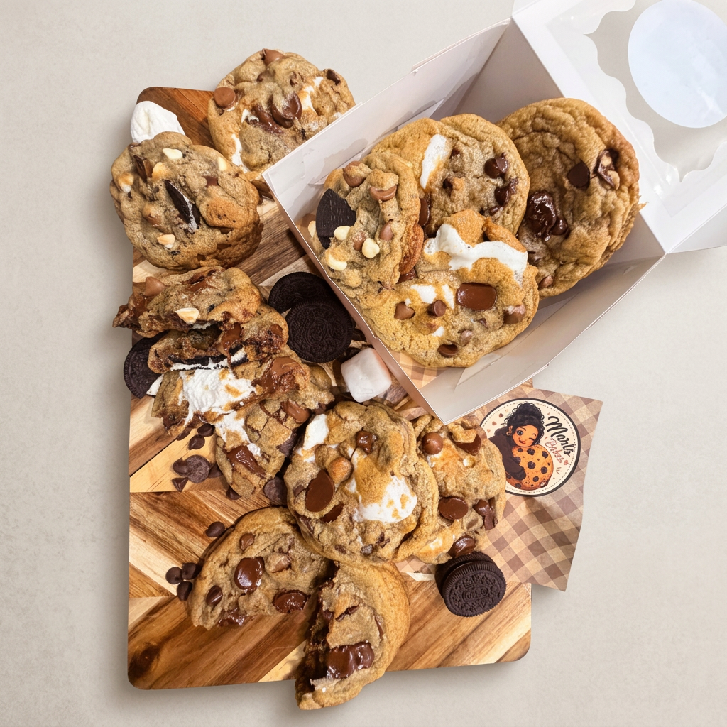 Assorted homemade Marls Bakes cookies on a wooden board with a bakery box